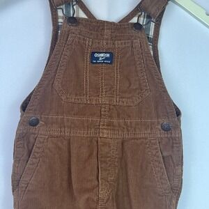 OshKosh B'gosh Brown Corduroy Overalls Toddler 3T Plaid Cuff Lined Vintage Style